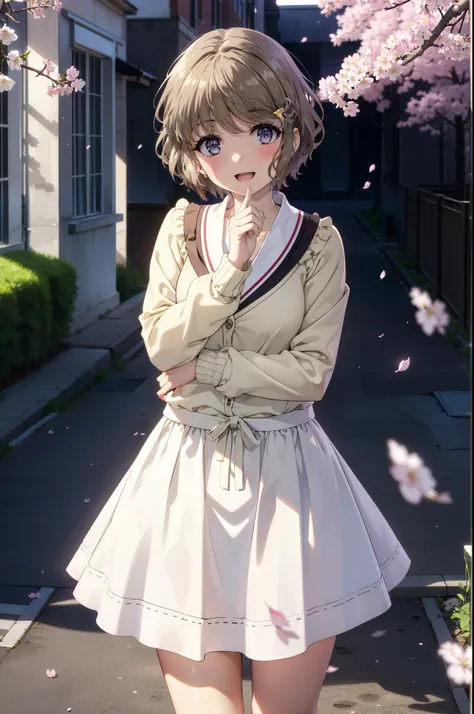 tomoekoga, Chie Koga, short hair, brown hair, blue eyes, Hair Clip,Green Tokkuri Sweater,White long skirt,Mini Boots,blush,smile,happy smile, smile, Open your mouth,Cherry blossoms are blooming,Cherry blossoms are scattered,Cherry blossom tree-lined path,m...