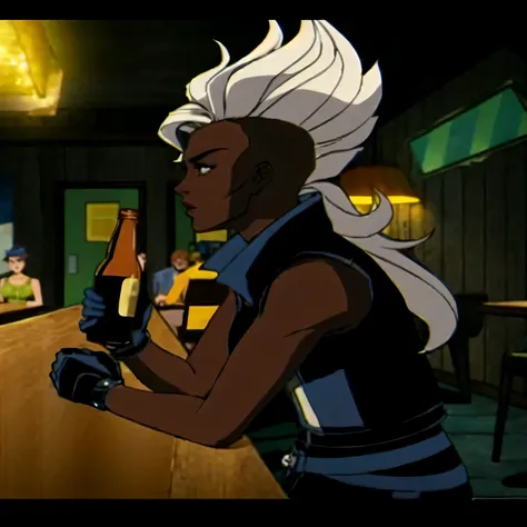 cartoon of a woman holding a beer bottle in a bar, portrait of ororo munroe, vixen, x-men storm, storm!, brittney lee, black can...