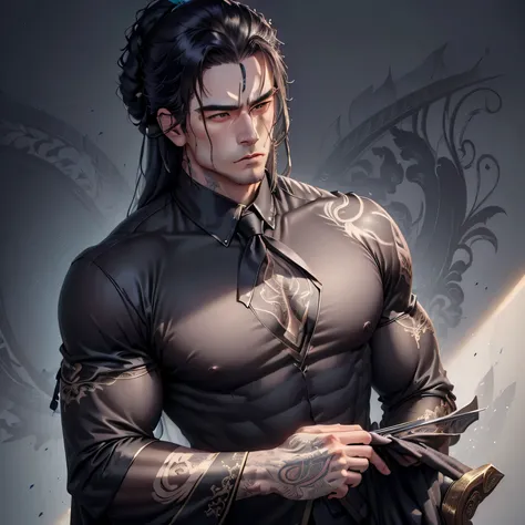 bodyguard, muscular, buff, black suit, buisness suit, long hair tied back, tattoos on hands and chest seen through his shirt, bodyguard, straight face, radio, chisled features, male, tall, taking off his tie, expressive eyes, stoic expression