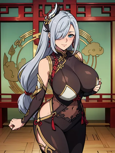 (standing), grabbing breasts pose, sexy pose, earrings, braided ponytail, black bodysuit, hip vent, (chinese temple background), ShenheV4, anime cels style, best quality, high resolution, 1girl, (huge breasts:1.2), beautiful face, grey hair, long hair, hai...