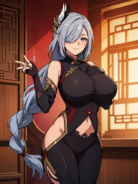 (standing), grabbing breasts pose, sexy pose, earrings, braided ponytail, black bodysuit, hip vent, (chinese temple background), ShenheV4, anime cels style, best quality, high resolution, 1girl, (huge breasts:1.2), beautiful face, grey hair, long hair, hai...