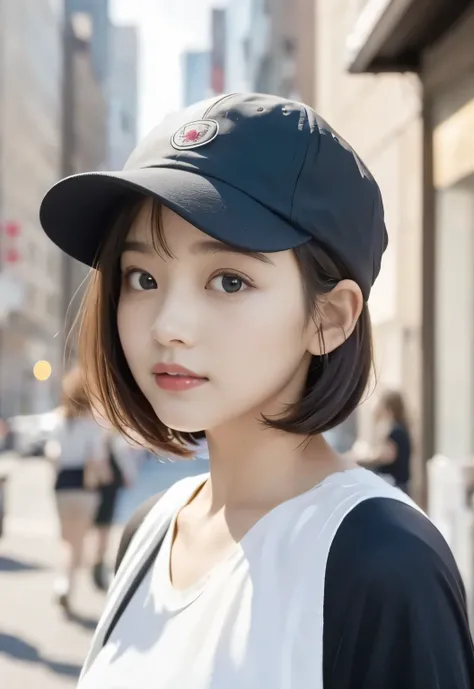 photographed from a distance:1.3, Girl in cap:1.2, Medium Bob