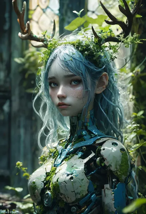 Best quality: 1.0), (Super High Resolution: 1.0), a broken feminine humanoid robot a light shone on her, sadness face, trying to reach out, dented, scratched, flaking peeling paint, in a abandoned temple room, mossy and fungus, once pretty,An artistic phot...