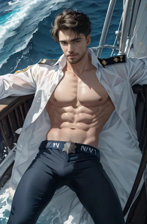 A manly man, wearing a Naval officer uniform, posing confidently on a ship, surrounded by the vast ocean. The composition is shot by the renowned photographer Bruce Weber. The man has a slight smirk on his face, exuding self-assurance and authority. The un...