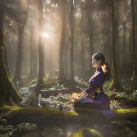 In the woods, there is a woman sitting on a log., realistic fantasy render, Inspired by Igor Kieliluk, , Sitting in the forest, Beautiful digital art, In the magical forest, forest soul, peaceful lushious forest, Peaceful Elven Forest, In the woods, Medita...