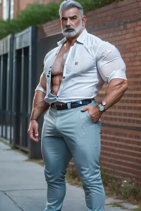 age 60, white man police detective with a mature, kind demeanor, strong and muscular yet chubby build, mustache, wearing dress pants and a buttoned-open translucent shirt that reveals a hairy chest and a noticeable bulge, wearing detective badge on belt, g...