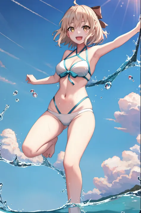 masterpiece, best quality,extremely detailed CG unity 8k wallpaper,
1girl,okita souji (fate), swimsuit,bikini,
 smile,open_mouth,dancing,sunlight,splash_of_water,happy,gold_eyes,half_eyes,apart_legs,rising_knee,open_legs,covered_pussy,