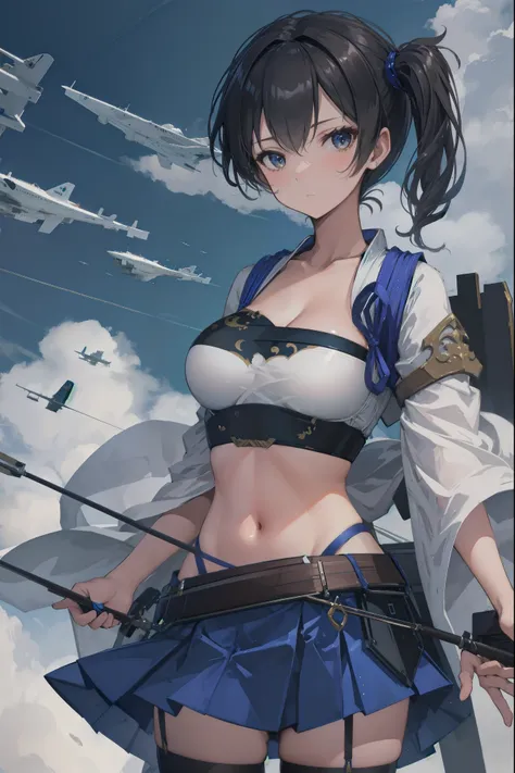 Kaga(Fleet Collection),highest quality, masterpiece, High resolution,kimono,blue skirt,side ponytail,big_breasts,