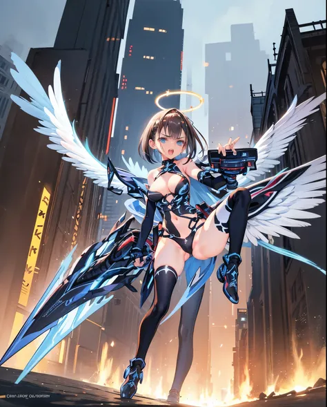 fantasy, 1angel_girl,(young_teen:1.5), ,brown_hair, medium_bob_hair, long_bangs, halo,bare_shoulder,thighhighs,silver_armor, waist_armor, large_breasts,angry,grinning,open_mouth_teeth, 1pair_wings, dynamic_pose_fighting,floating, bare_crotch, headgear,gaun...