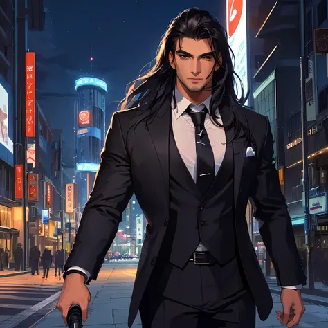 absurdres, highres, ultra detailed, realistic, ), 1 male, solo, adult, mature, tall muscular guy, broad shoulders, handsome, long black hair, brown eyes, angular jaw, thick neck, thick eyebrows, night, dark, the night view of the city background, black bod...