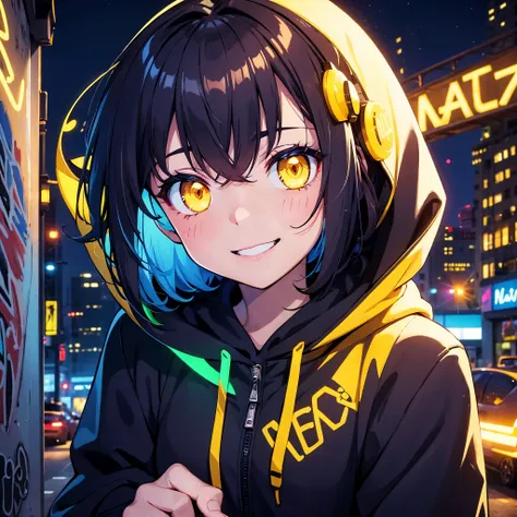 detailed background, masterpiece, best quality, smile, ornament, hoodie, portrait, yellow neon, graffiti, dark, night, glowing eyes, blacklight