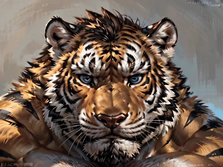 A male, masculine human tiger with big chest muscle, beard in face, sexy pose,  sexy shadows, (by echin, by Taran Fiddler, by takemoto arashi, by Traver009, by Juiceps), (detailed eyes:1.2), impressive physique, struggling, bothered face, exhausted, detail...