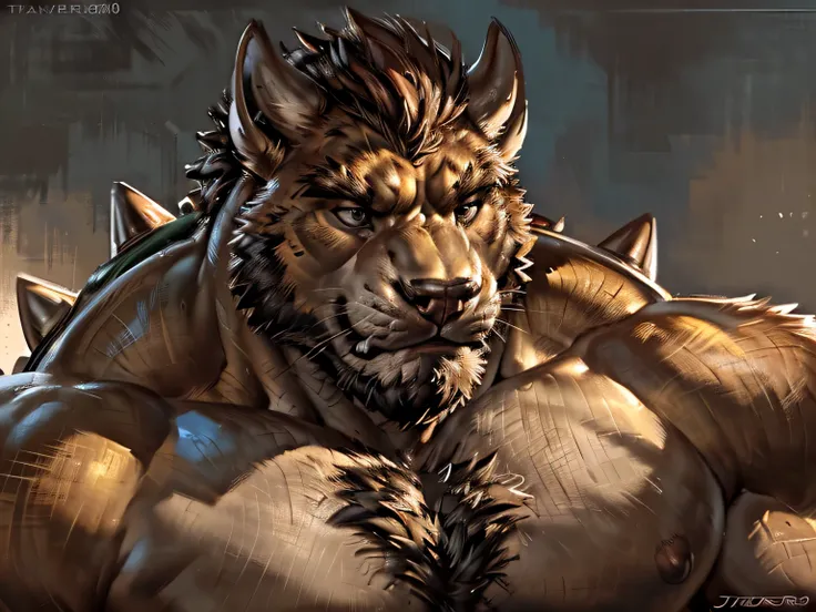 A male, masculine human bowser with big chest muscle, beard in face, sexy pose,  sexy shadows, (by echin, by Taran Fiddler, by takemoto arashi, by Traver009, by Juiceps), (detailed eyes:1.2), impressive physique, struggling, bothered face, exhausted, detai...