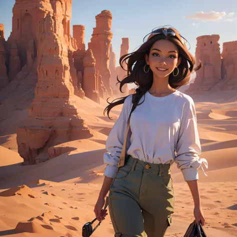 ((Best quality)), ((masterpiece)), ((realistic)), ((Best quality)), ((masterpiece)), ((realistic)), Girl walking in desert, looking tired, wearing Loose-fitting clothing Long-sleeved shirts and pants, Headgear, Sunglasses, very beautiful, in a natural and ...