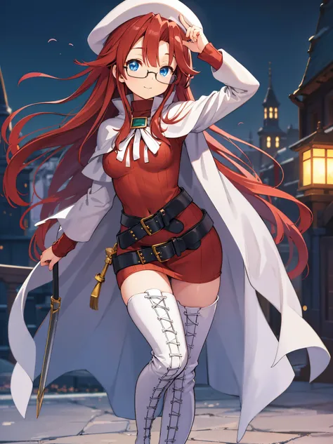 summonnightaty, aty, long hair, blue eyes, red hair, beret, hat, glasses,
BREAK long hair, thighhighs, hat, dress, boots, glasses, belt, cape, sweater, zettai ryouiki, beret, thigh boots, white footwear, ribbed sweater, loose belt,solo,
BREAK outdoors, fan...