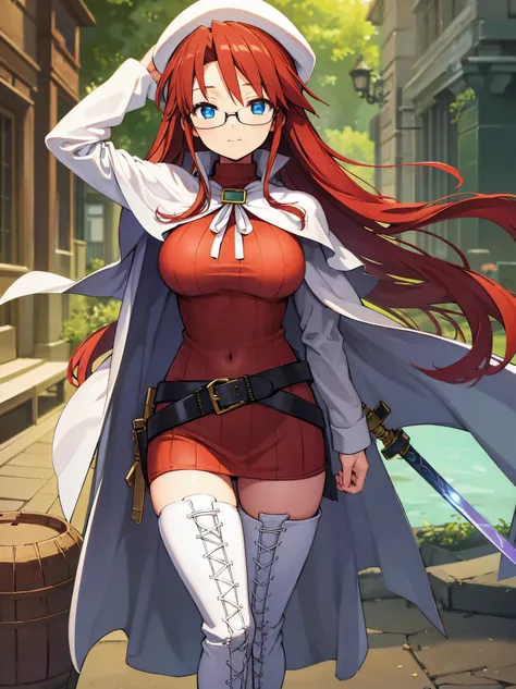 summonnightaty, aty, long hair, blue eyes, red hair, beret, hat, glasses,
BREAK long hair, thighhighs, hat, dress, boots, glasses, belt, cape, sweater, zettai ryouiki, beret, thigh boots, white footwear, ribbed sweater, loose belt,solo,
BREAK outdoors, fan...