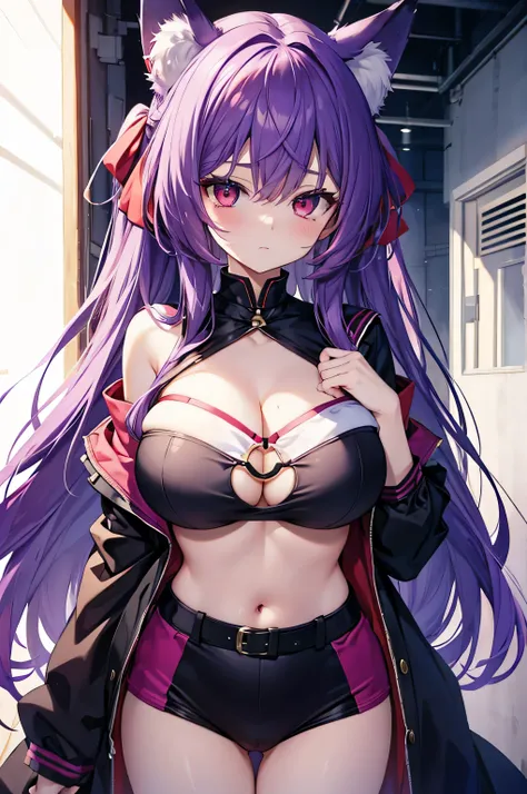 fox girl, big breasts, purple hair, masterpiece , red eyes, hd, Head to Chest, buried in my chest、underboob