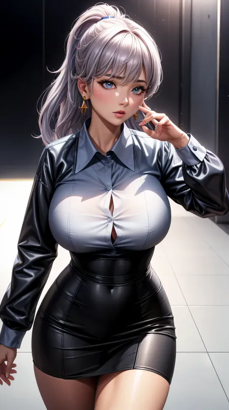 (best quality:1.5, highres, UHD, 4K, detailed lighting, shaders), gray floral haired, gradient hair, large breasts, suit, gray shirt, social shirt, short skirt, mature woman , (pov), white background, colorful eyeshadow, dramatic lighting, sparkling eyes, ...