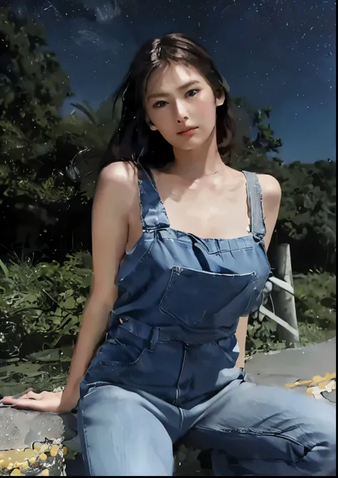 a close up of a woman sitting on a ledge with a sky background, blue overalls, cute girl wearing tank suit, wearing blue jean overalls, wearing overalls, 2 4 year old female model, photo of slim girl model, gorgeous young korean woman, korean girl, gorgeou...