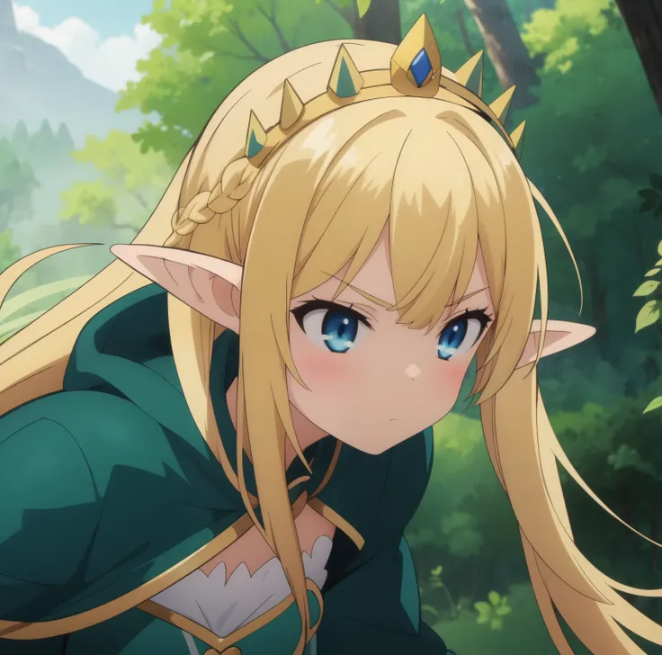 high quality, masterpiece. elf girl. Blonde hair. gloomy face. Blue eyes. green raincoat. crown on head. against the background of the forest and the sky.