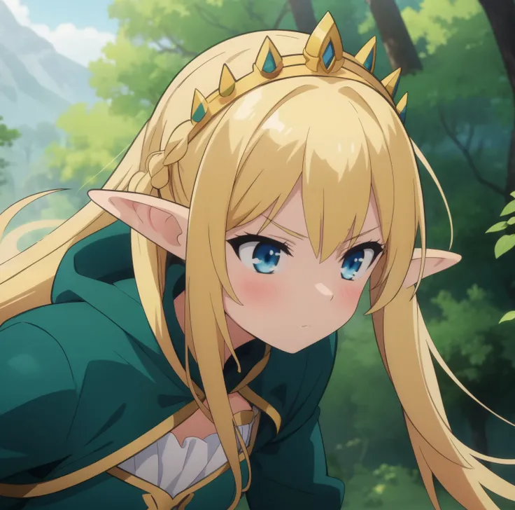 high quality, masterpiece. elf girl. Blonde hair. gloomy face. Blue eyes. green raincoat. crown on head. against the background of the forest and the sky.