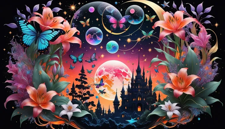 best quality, a deep black cosmic backdrop Stars Planets Suns and Moons Colorful Paint Splash Cute glitter vector graphic design featuring intricate and complex symbols with the ethereal beauty of a celestial palace known as the Galactic Citadel, bathed in...