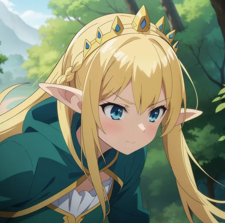 high quality, masterpiece. elf girl. blonde hair. gloomy face. blue eyes. green raincoat. crown on head. against the background ...