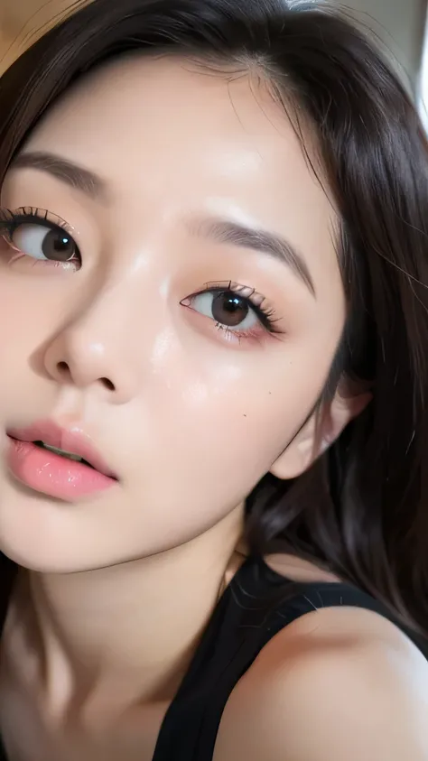 image of one woman、big breasts、big breasts cleavage、Big Ass、Healthy thighs、kneel、Look up、Upper eye line、、Light pink nipples、Black underwear、tight waist、、Smooth skin、masterpiece、highest quality、8K Photo、（close ~ eye）An excited look、A wistful look、Red face、E...