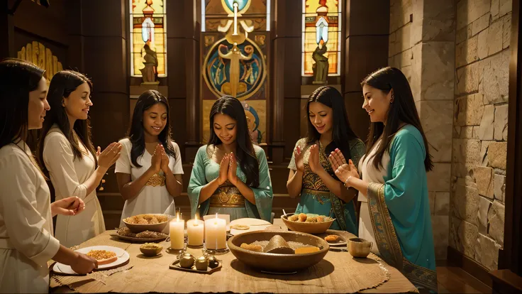 In the last paragraph, the image should evoke a feeling of blessing and prosperity, symbolizing the answer to prayers made throughout the spiritual journey. This can be represented through a scene of communion and celebration, where people come together in...