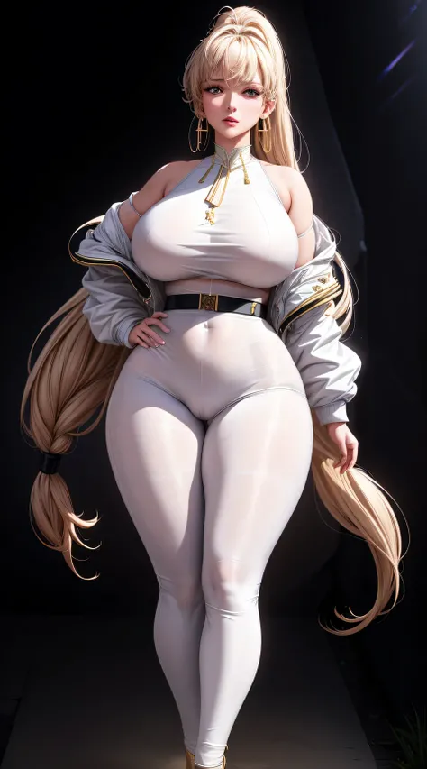 (best quality:1.5, highres, UHD, 4K, detailed lighting, shaders), best quality eyes, perfect hands, perfect finger,   white curly haired, gradient hair, big breasts, white T-shirt, big thighs,  big butt, white 
jacket,  white long pants, mature woman , (po...