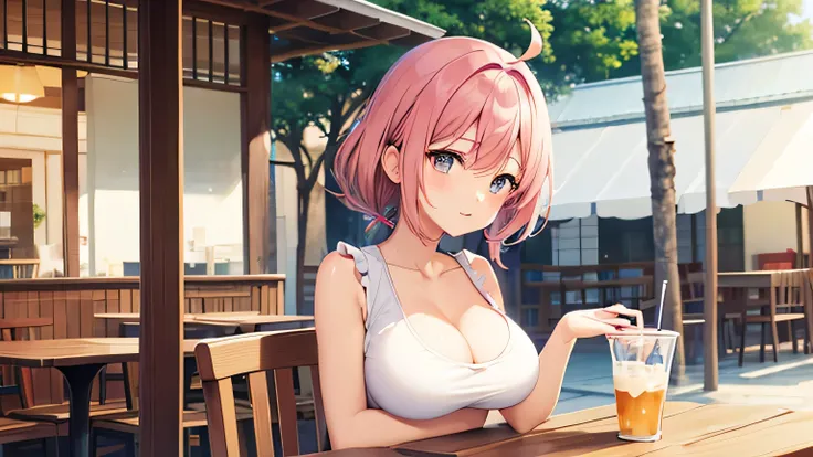 anime、Pink Hair、Big Breasts、valley、White sleeveless shirt、Shorts、Outdoor Cafe、noon、Holding a cup
