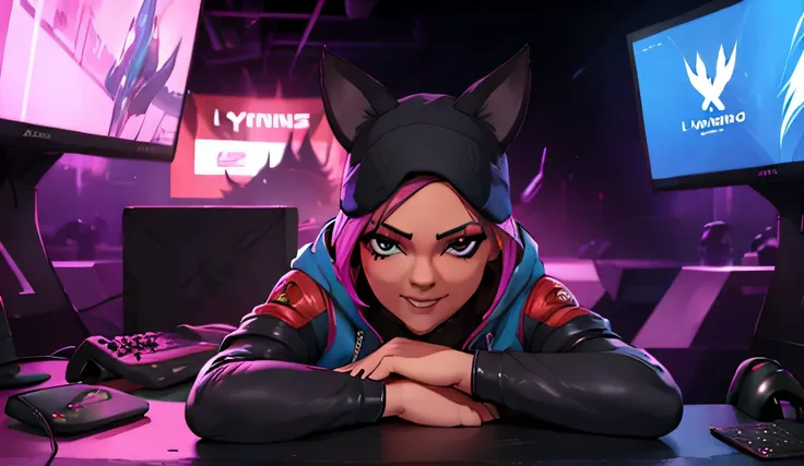 Lynx chaqueta negra , guantes sin dedos, Leggings negros con azul, ojos finos sonriendo, fondo gaming Zone 