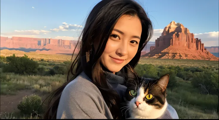 Beautiful woman holding a cat，Landscape of Utah, USA、The various expressions of cats、