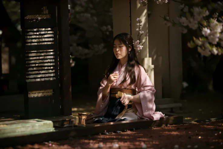 (Best quality, 8k, 32k, Masterpiece, UHD:1.2) Transform the setting into the majestic Grand Narukami Shrine from Genshin Impact, surrounded by a sea of Sakura Trees in full bloom. Picture the ethereal pink petals drifting gently on the breeze, creating a b...