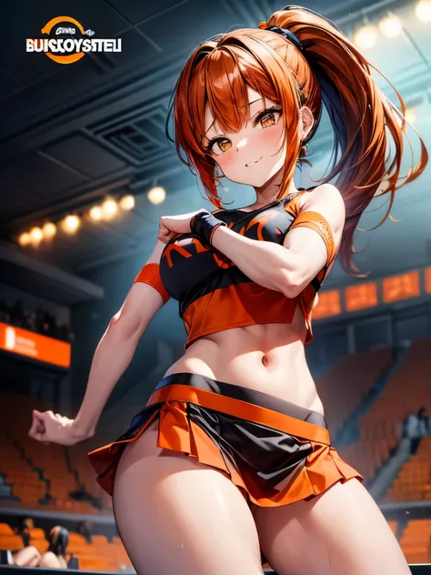 highest quality、Nice sexy body、One Woman、solo、((Beautiful busty woman:1.4))、((Brown haired woman:1.3))、((Woman with ponytail))、long hair woman、Cheerleader、(((A woman wearing an orange and black short top with a logo:1.3)))、Woman exposing her belly、(((A wom...