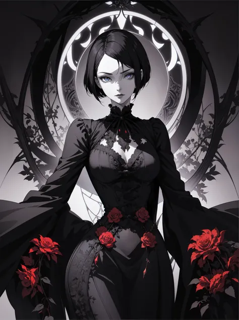 Basic Art Nouveau style,Vampire woman with black hair and blue eyes,short hair,(Upper body portrait),young,(((Oval face))),Dark clothing,Soft and melancholy face,fine,No wrinkles,Gothic style,Synthwave meets Art Nouveau,Bold and smooth lines,Dynamic compos...