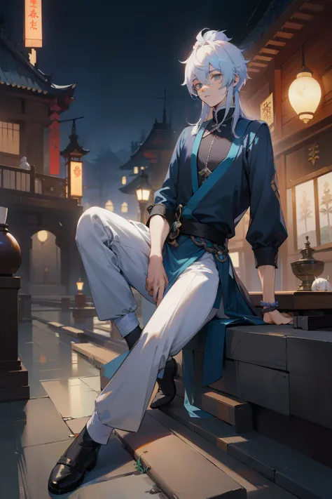 cara de anime sentado em uma borda com uma roupa azul, keqing do impacto genshin, handsome guy in demon slayer art, relaxed dwarf with white hair, Hajime Yatate, zhongli do impacto genshin, cabelos brancos deity, Linda pose de anime, cabelos brancos, perso...