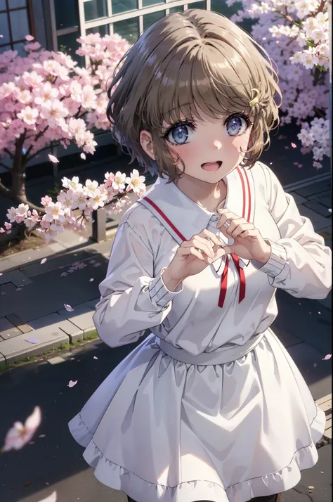 tomoekoga, Chie Koga, short hair, brown hair, blue eyes, Hair Clip,Green Tokkuri Sweater,White long skirt,Mini Boots,blush,smile,happy smile, smile, Open your mouth,Cherry blossoms are blooming,Cherry blossoms are scattered,Cherry blossom tree-lined path,m...