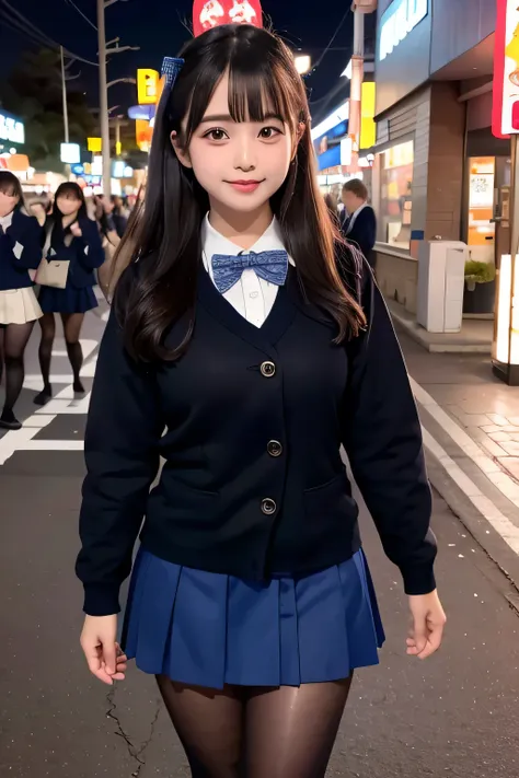 low angle shot、big breasts、Shoes are visible、super treet snap、tall, A baby-faced gal woman wearing a short skirt and bow tie is standing in a neon street at night、high school student、Thin calf、japanese girl、Winter clothes、Wearing Japanese school uniform、Ja...