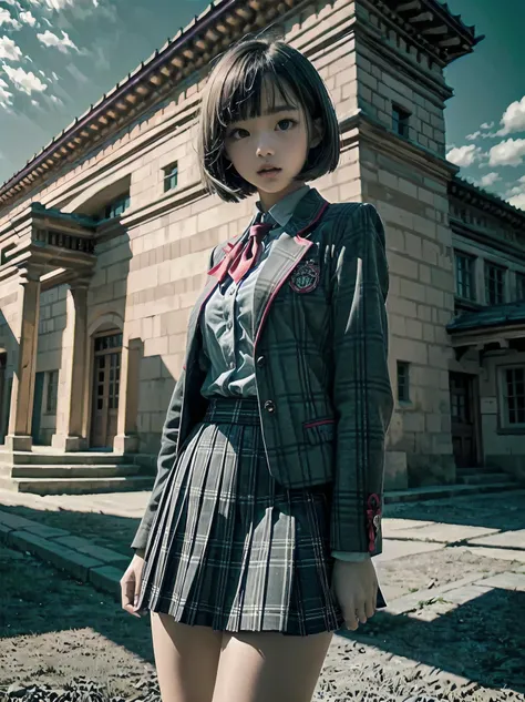 Top-High quality、Highest quality、masterpiece、High Contrast、Colorful、Elegance、Sexy expression、high school girl、Beauty、Bob cut braids、uniform、(red blazer)、Ribbon tie、(Green and gray plaid skirt)、(black tightovie-like shadows、fine shading、cute、Truly unbelieva...