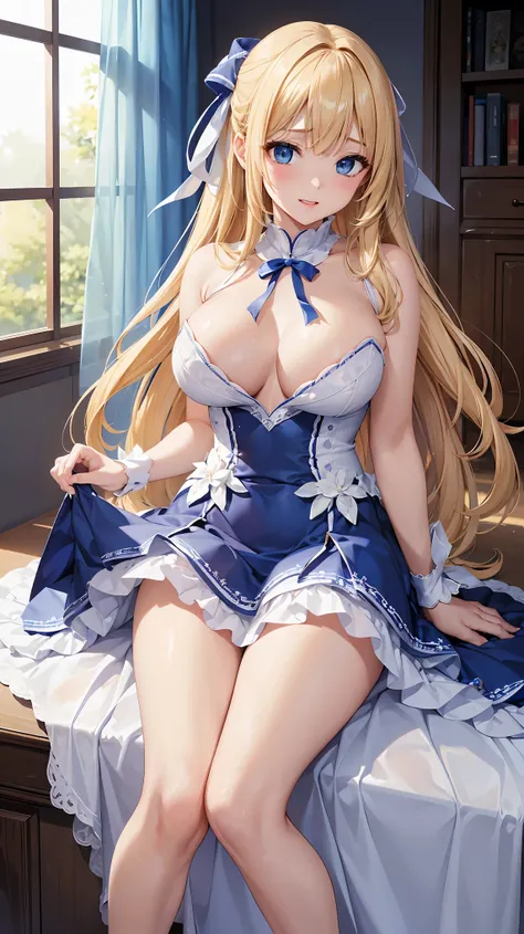 ((highest quality、High resolution))、A beautiful woman、Perfect body、beautiful ample breasts、Long blonde、bangs、Blue and white ribbon、embellished sexy dress、skirt、a sexually excited look、Legs wide open、I&#39;m seducing you