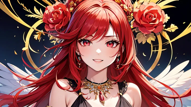 (Highly detailed body、Highly detailed face、highest quality:1.2)、woman、Looking at the audience、(Redhead、Hair ornament with a large number of carnation flowers、Laughter、17 years old、Earrings with feathers up to the shoulders、Fancy Necklace、bracelet)、jet blac...