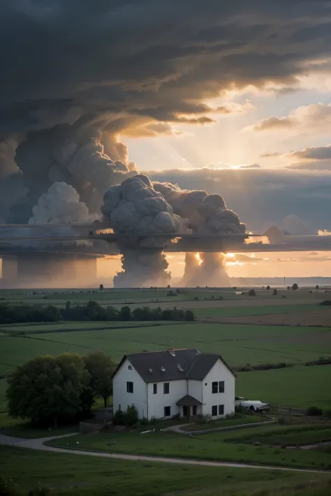 rural abandoned farmland that has been settled by aliens. there are barns and other farm buildings but they look slightly alien. a thunderstorm surrounds the farmland, but the farmland itself is in perfect sunlight because a laser is blasting a hole throug...