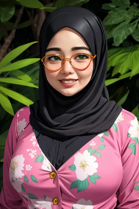 spectacles, bokeh, ((panty floral pattern)), wearing satin tuxedo outfits, 68 year old, rainbow, ((hijab)), "oki setiana dewi", ...