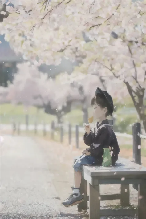 A young boy is sitting on a bench and eating food, seasons!! : 🌸 ☀ 🍂 ❄, Under the cherry blossom trees, sakura season, very cute and childlike, Spring Day, Kikukawa Eizan, Sakura petals around her, beautiful photos, ❤🔥🍄🌪, perfect Spring Day with, cute kawa...