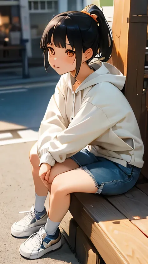 highest quality、Realistic、Japanese、Women、cute、Orange Eyes、Short ponytail、Black Hair、、White hoodie、Denim skirt、Light grey sneakers、Face close-up、Cafe、Terrace seats、sit、Cheek resting on hand、Small breasts、slender