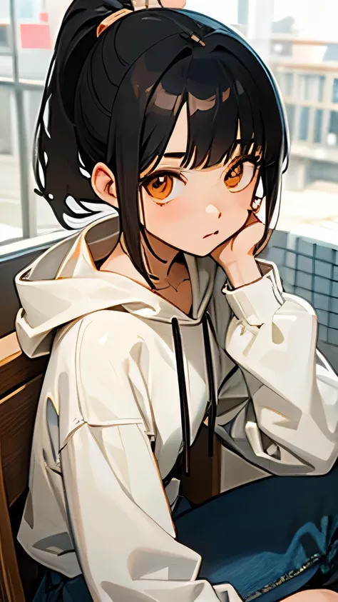 highest quality、Realistic、Japanese、Women、cute、Orange Eyes、Short ponytail、Black Hair、、White hoodie、Denim skirt、Light grey sneakers、Face close-up、Cafe、Terrace seats、sit、Cheek resting on hand、Small breasts、slender