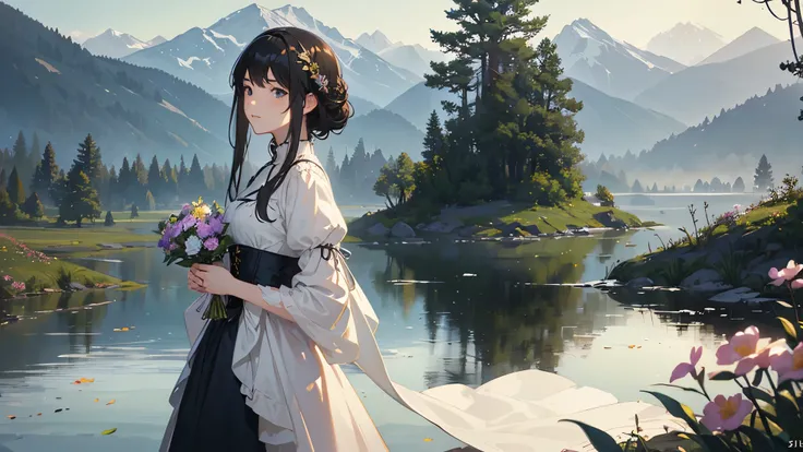 (highest quality、High resolution、masterpiece)、(Anime Art 4k)、(Photorealistic)、(Adventure Story)、Portraiture、 (whole body)、(1 person)、20-year-old woman、(Woman standing on hill with flowers in hand)、Beautiful Face、 (Facial detailing)、Long-term、Black Hair、 sh...