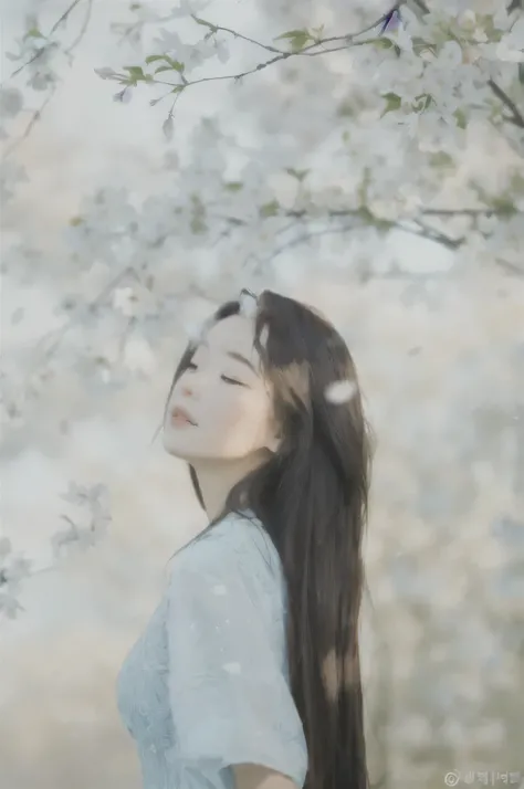 A woman with long hair stands under a tree with white flowers, Subtle and dreamy, dreamy and heavenly, cherry blossoms blooming in the wind, Sakura petals around her, Includes bloom ether effect, With frozen flowers around her, woman in flowers, girl in fl...