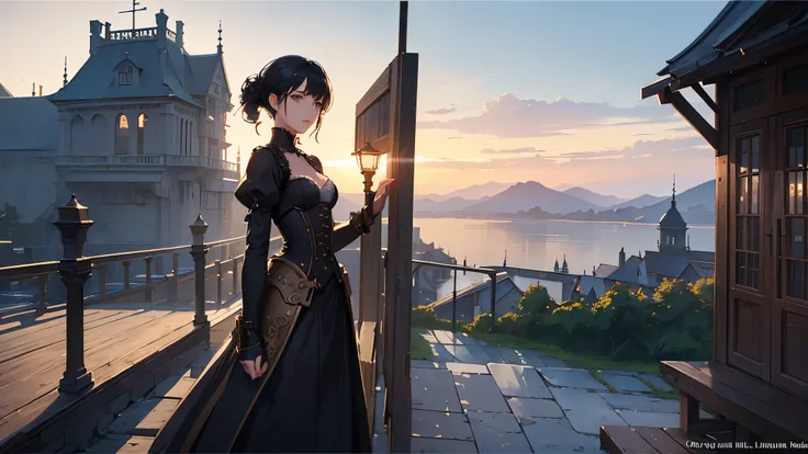 (highest quality、High resolution、masterpiece)、(Anime Art 4k)、(Photorealistic)、Portraiture、 (whole body)、(1 person)、20-year-old woman、( A woman in armor standing on top of a hill)、Beautiful Face、 (Facial detailing)、Black Hair、 short hair、 Beautiful Hair、Shi...